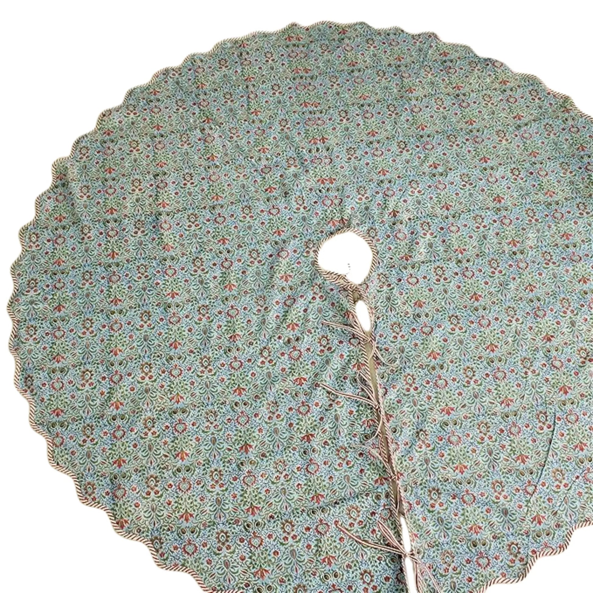 Floral patterned tree skirt on a white background