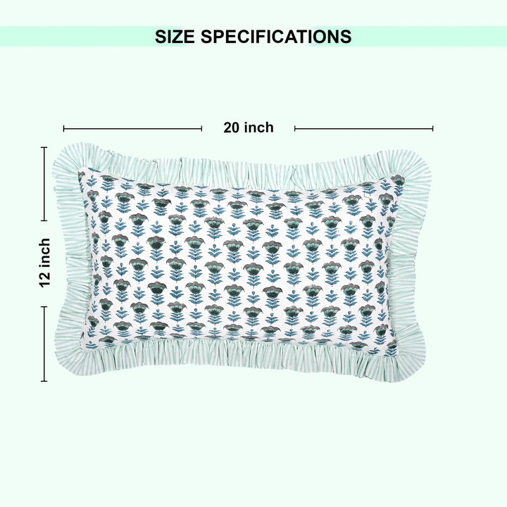 Rectangular pillow with floral pattern and fringe on a white background, showing size specifications.