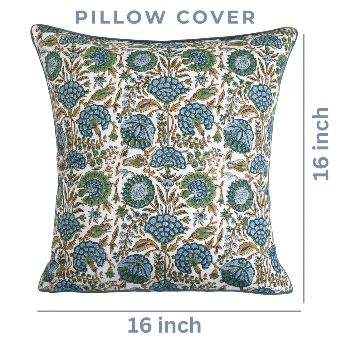 Decorative pillow cover with floral pattern and dimensions on a white background