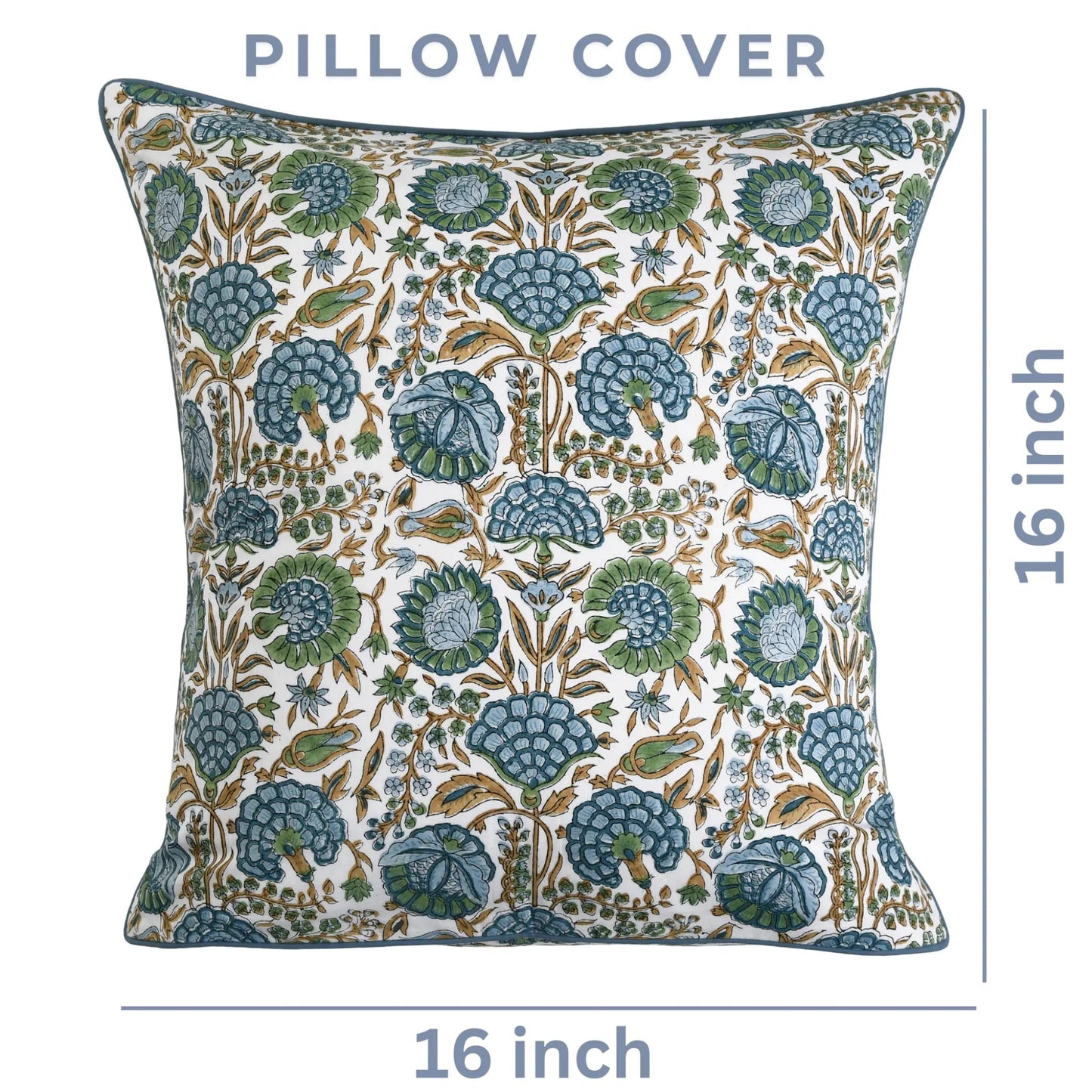 Decorative pillow cover with floral pattern and dimensions on a white background
