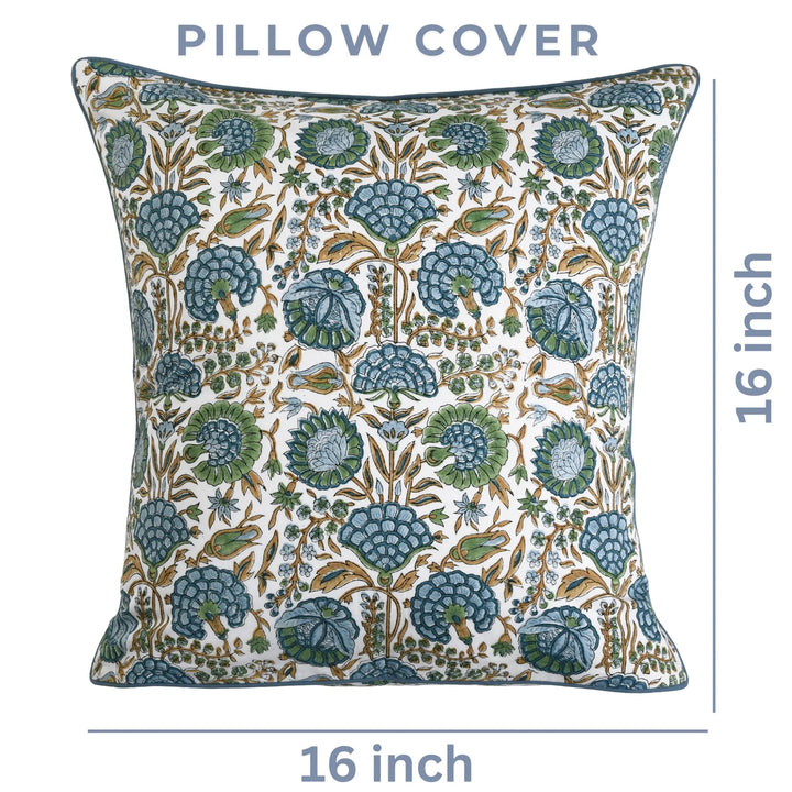 Decorative pillow cover with floral pattern and dimensions on a white background