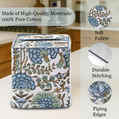 Decorative box with floral pattern on a kitchen counter, featuring text about high-quality materials.