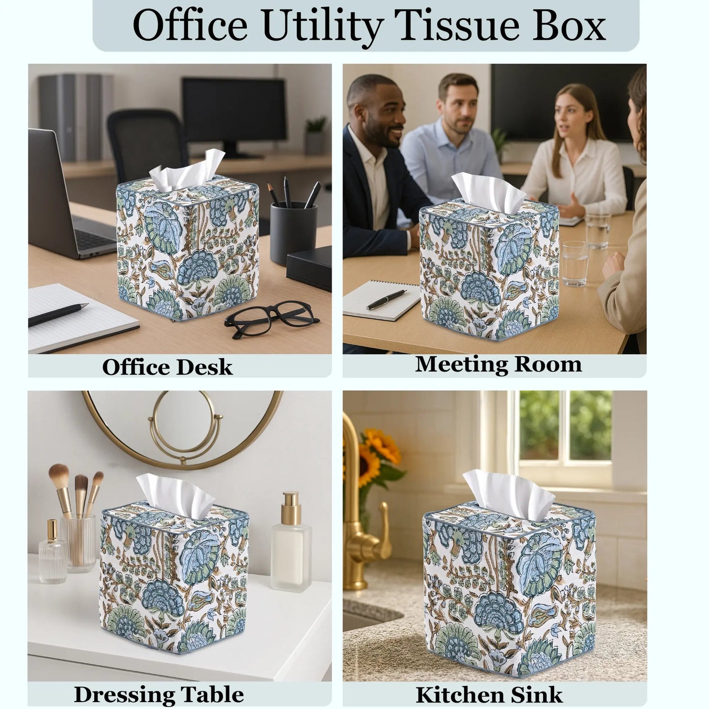 Floral-patterned office utility tissue box in various settings