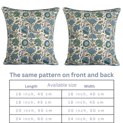 Two patterned pillows with a size chart below them.