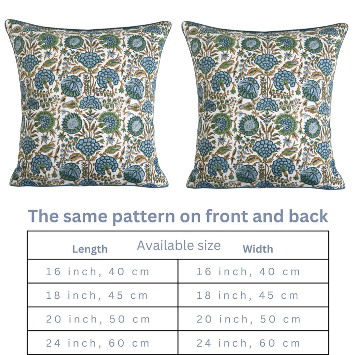 Two patterned pillows with a size chart below them.