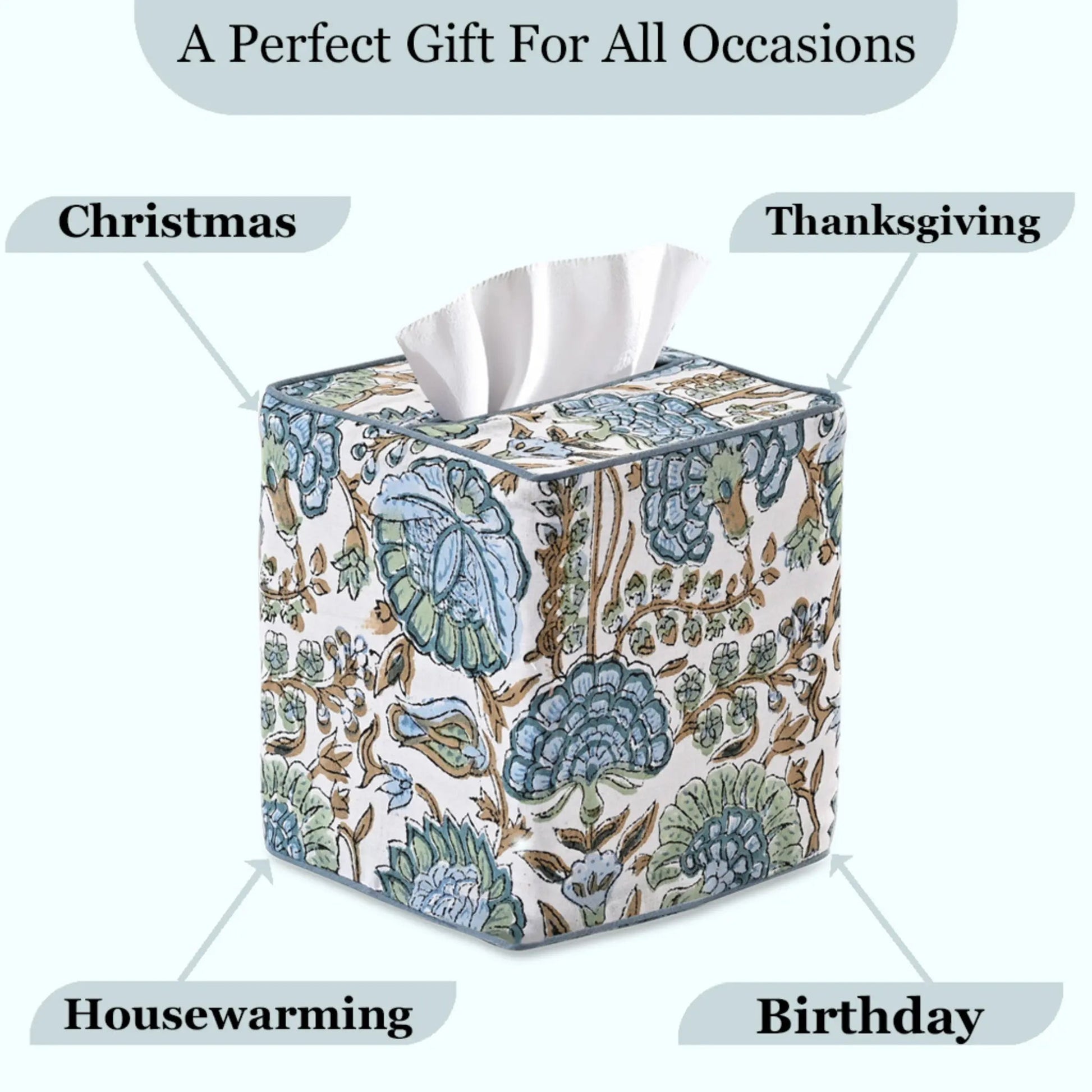 Floral-patterned tissue box cover with tissues on a white background, labeled for various occasions.