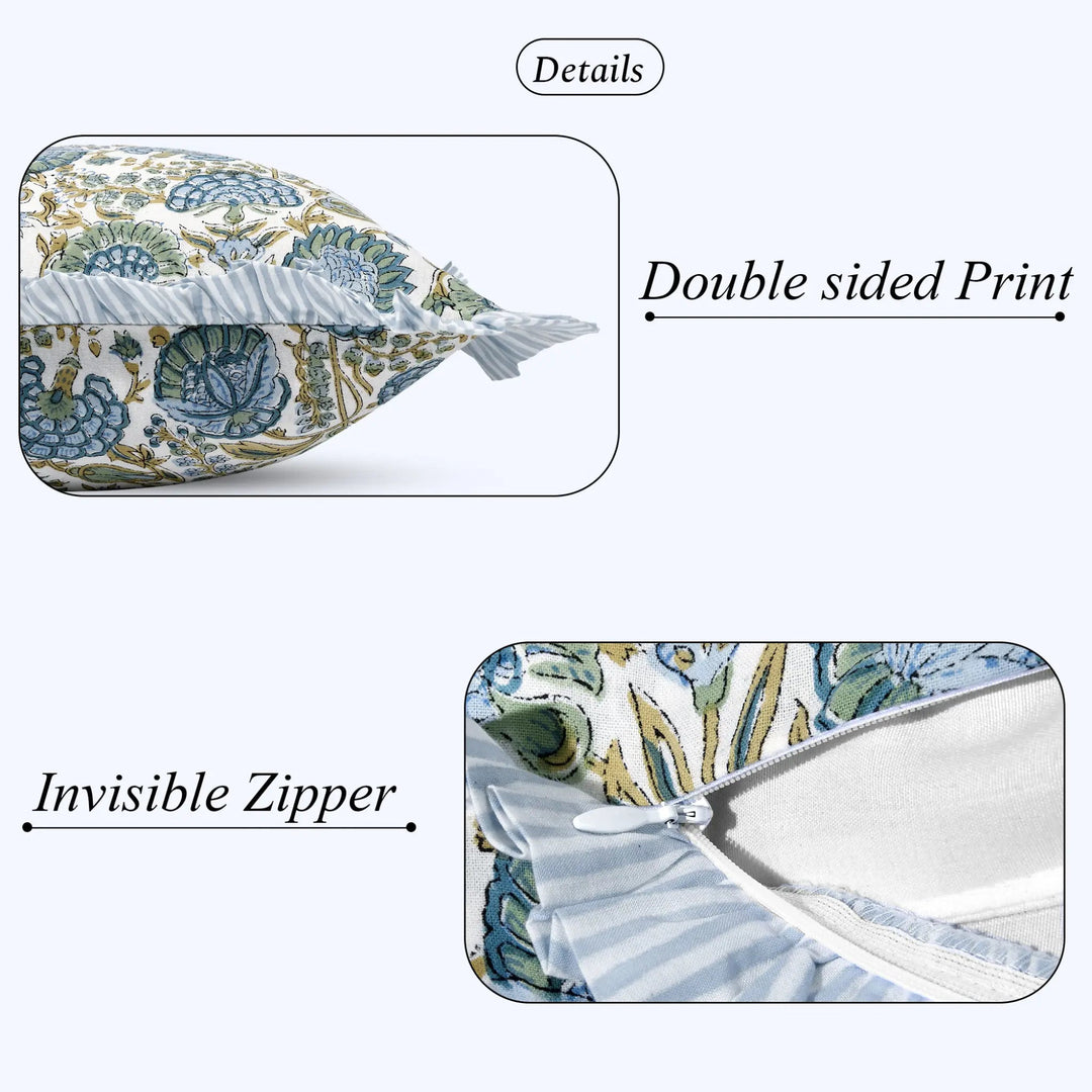 Close-up of cotton pillow cover showing double-sided print and invisible zipper.