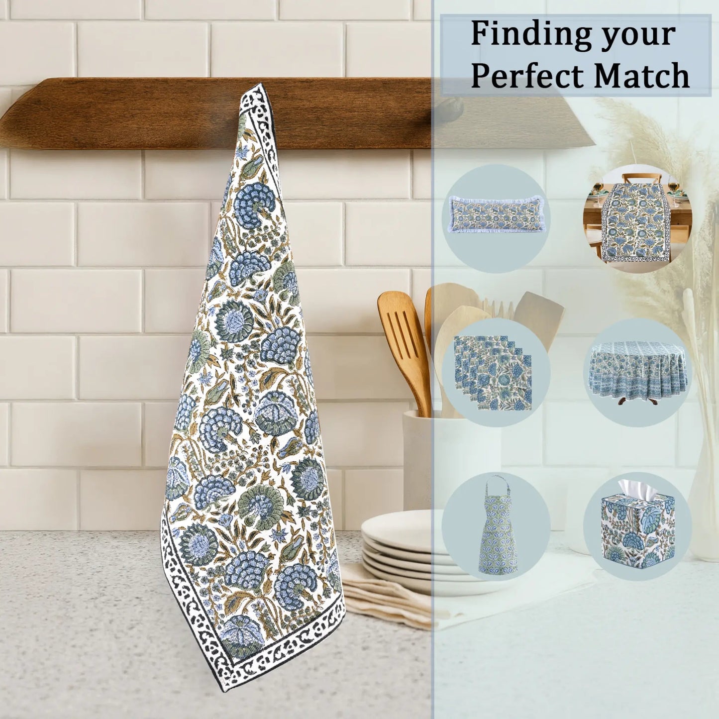 Floral patterned towel hanging on a wooden rack with kitchen utensils in the background.