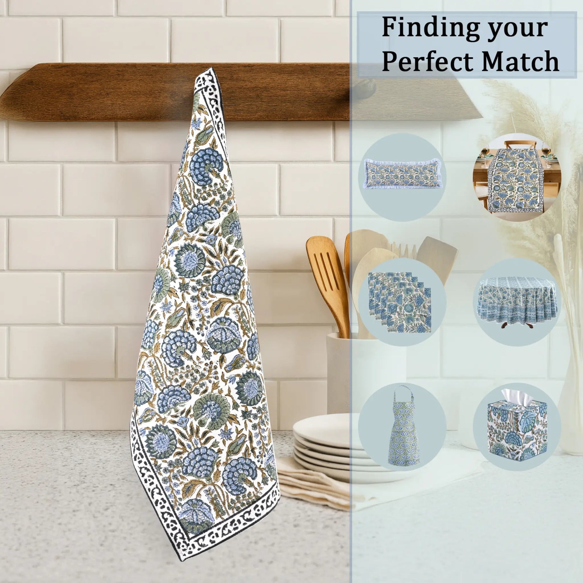Floral patterned towel hanging on a wooden rack with kitchen utensils in the background.