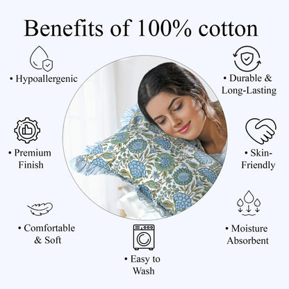 Woman lying down with a floral pillow, surrounded by text and icons about the benefits of 100% cotton.