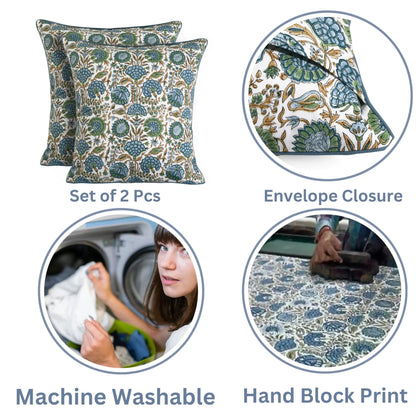 Set of 2 floral patterned pillows with envelope closure, machine washable feature, and hand block print details.