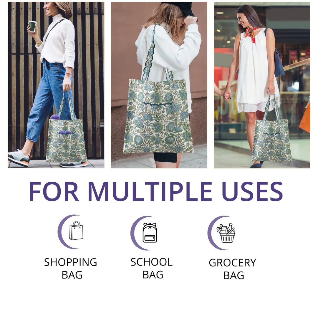 Three women using a floral tote bag in various settings with text &