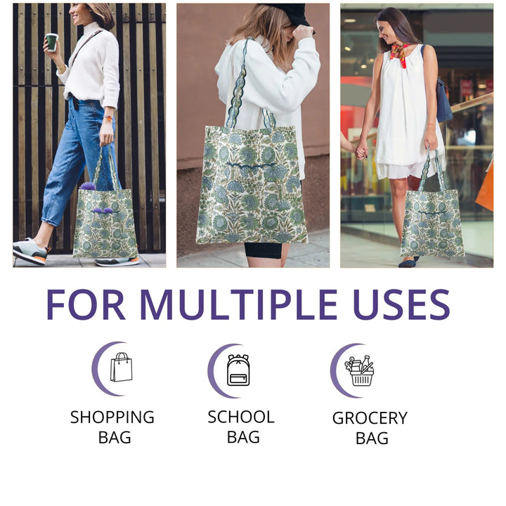 Three women using a floral tote bag in various settings with text &