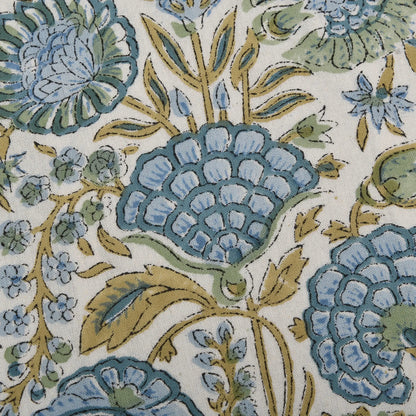 Close-up of a floral pattern with blue and green flowers on a beige background