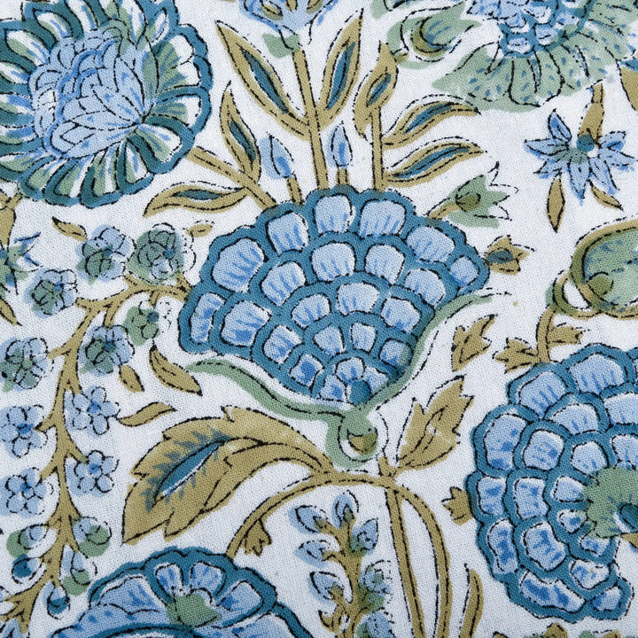 Blue floral Indian hand block print cotton fabric pattern close-up.