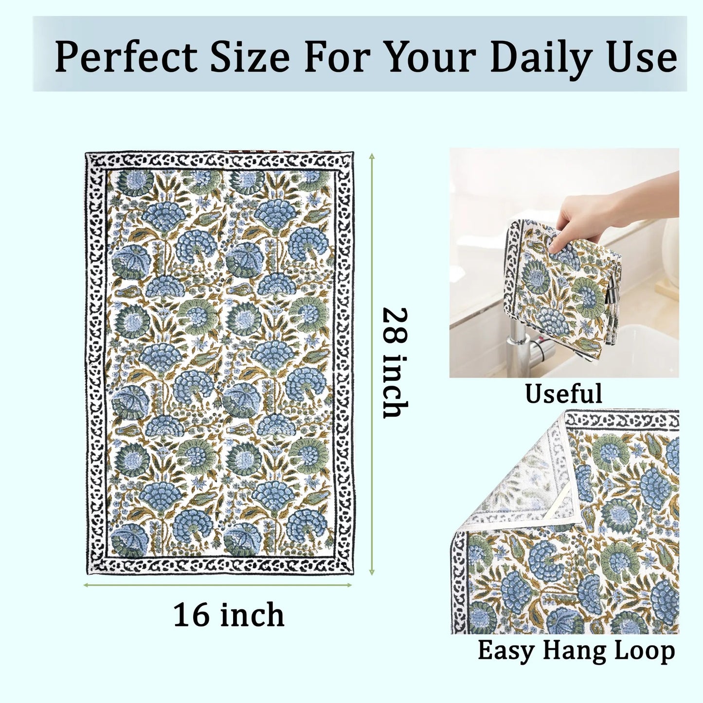 Floral patterned towel with measurements and features on a white background