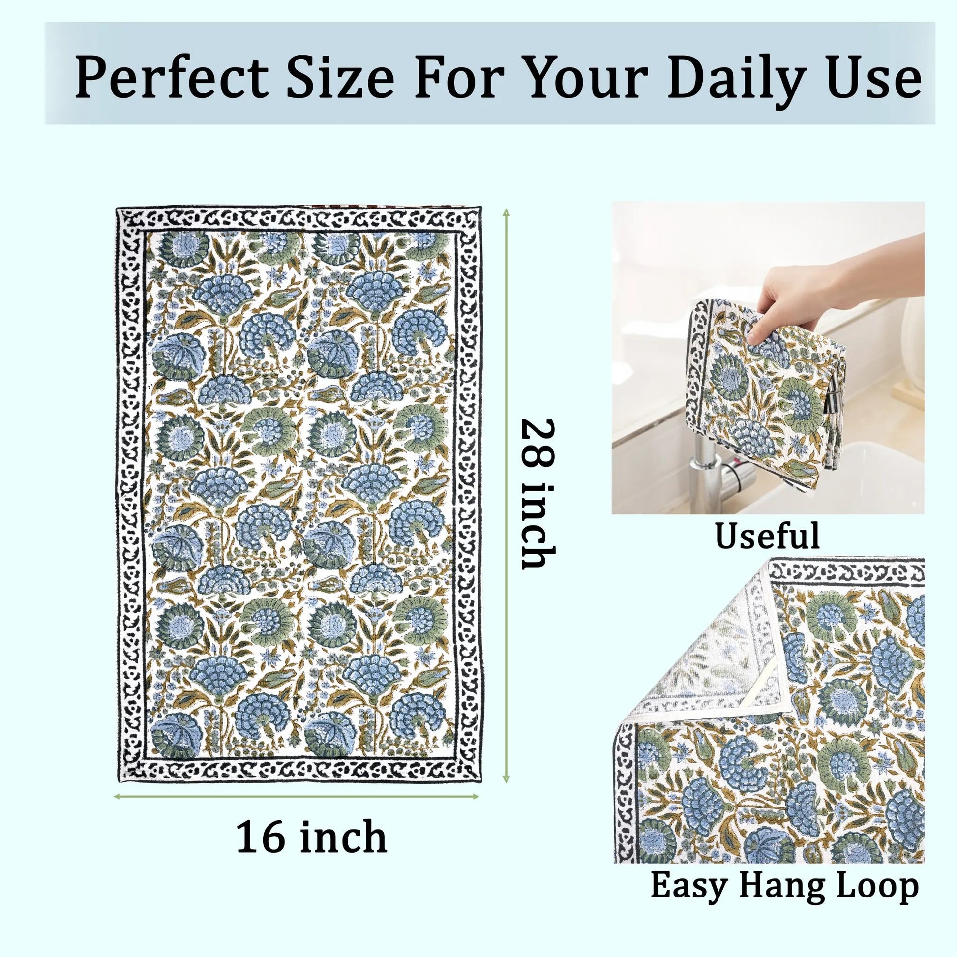 Floral patterned towel with measurements and features on a white background