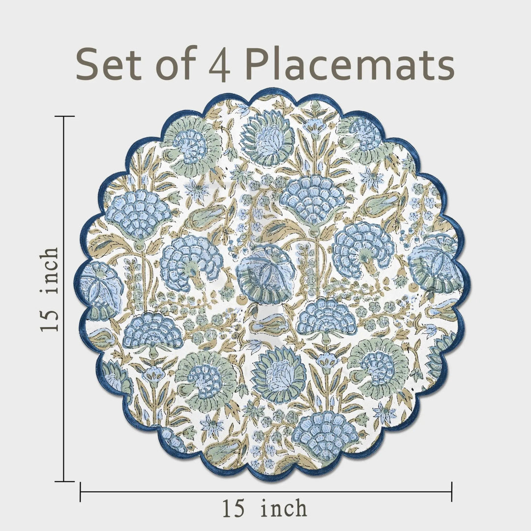 Set of 4 floral placemats with measurements on a light gray background