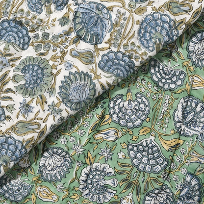 Close-up of floral fabric with blue and green patterns on a textured surface.