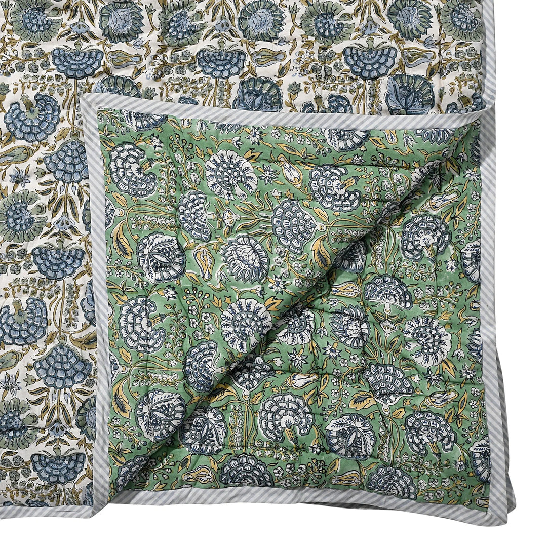 Floral patterned fabric with a green and blue design on a white background