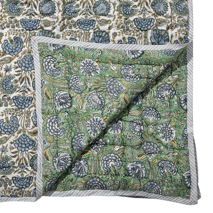 Floral patterned fabric with a green and blue design on a white background