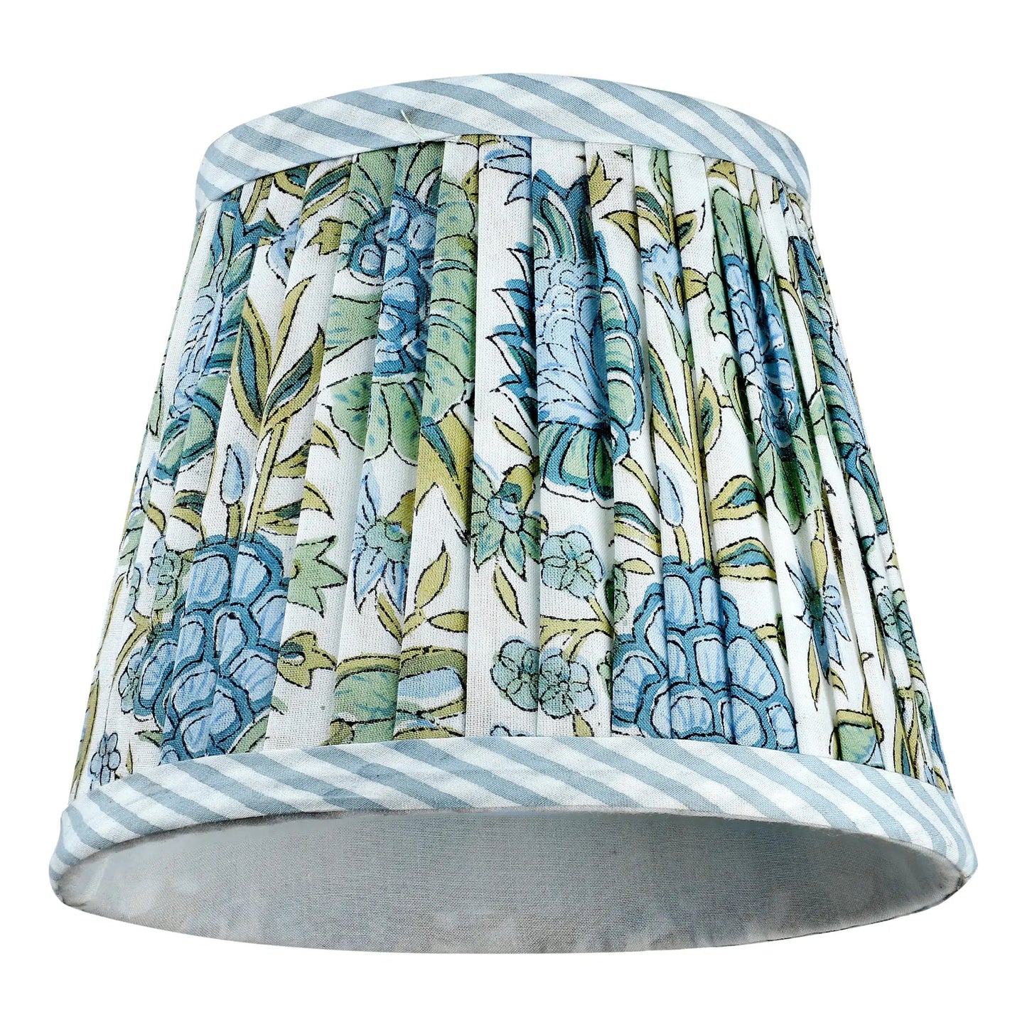 Decorative lampshade with floral pattern and striped edges on a white background