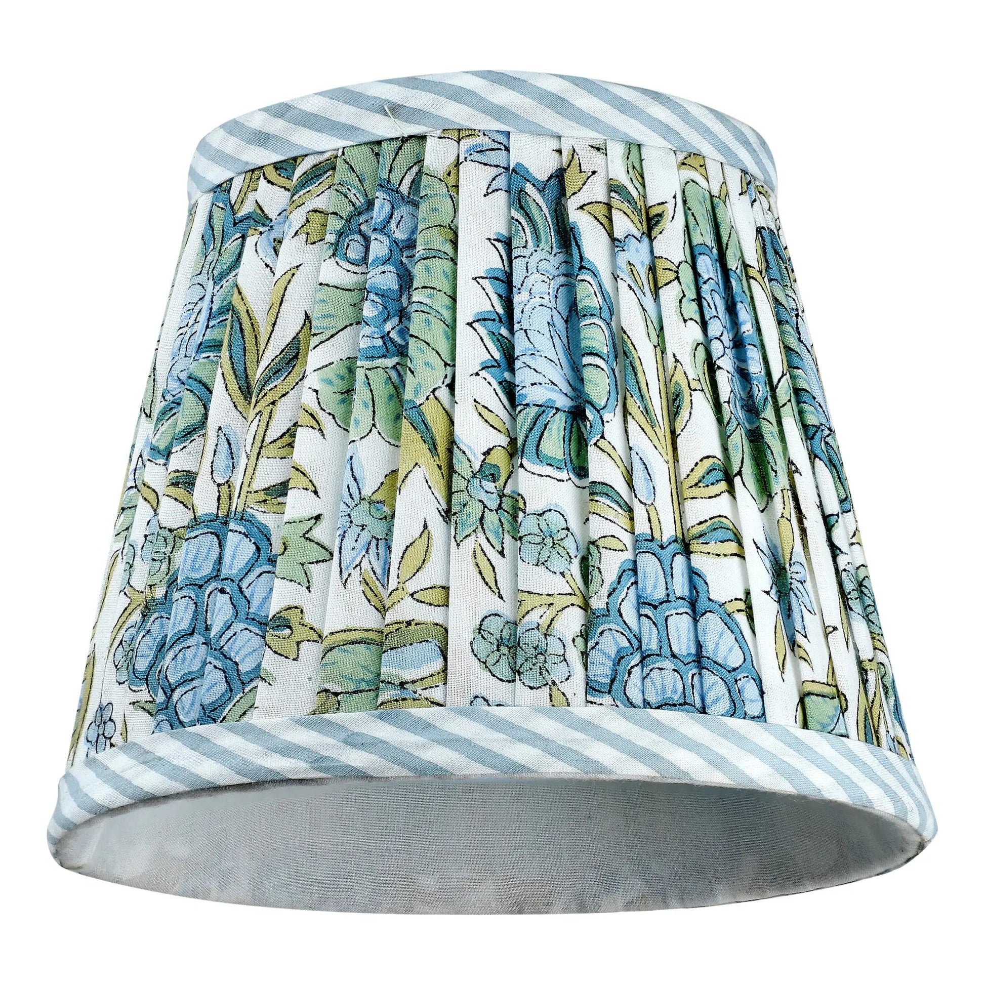 Decorative lampshade with floral pattern and striped edges on a white background
