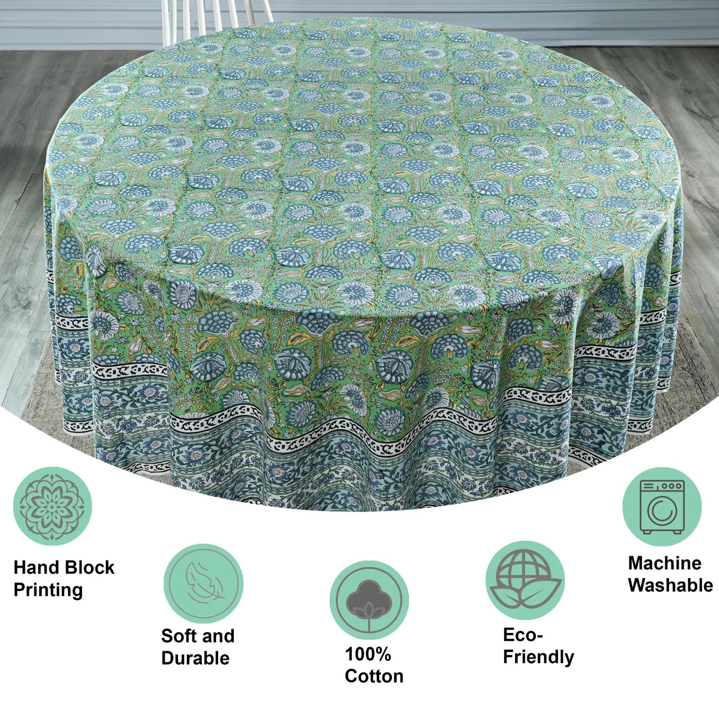 Round tablecloth with green and blue pattern on a wooden floor, featuring icons and text about product features.