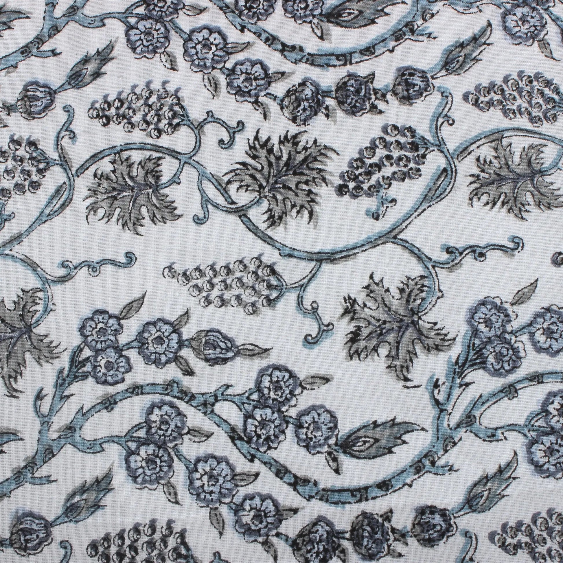 Patterned fabric with floral and vine designs in blue on a white background