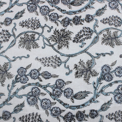 Patterned fabric with floral and vine designs in blue on a white background