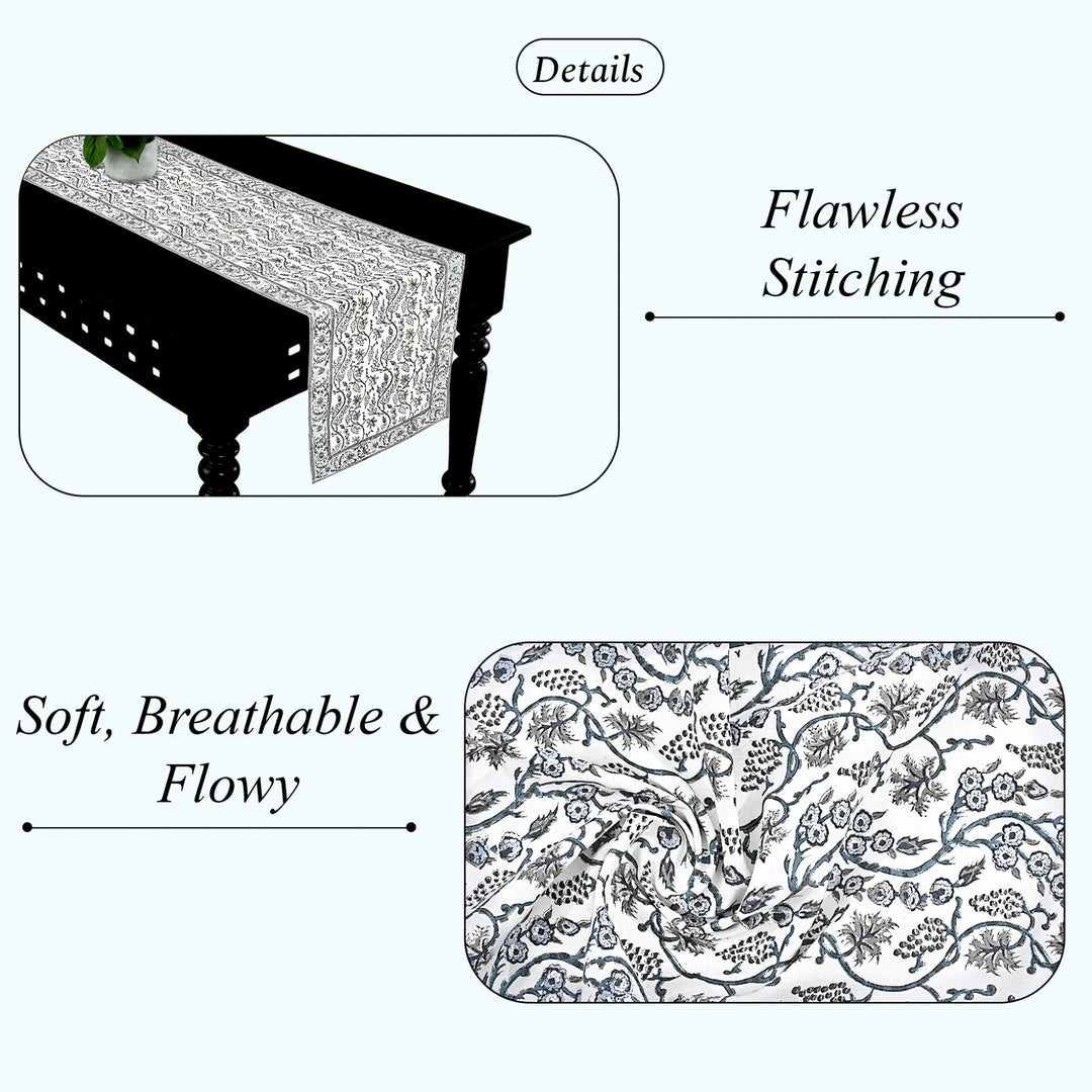 Tablecloth with intricate patterns and text highlighting features on a white background