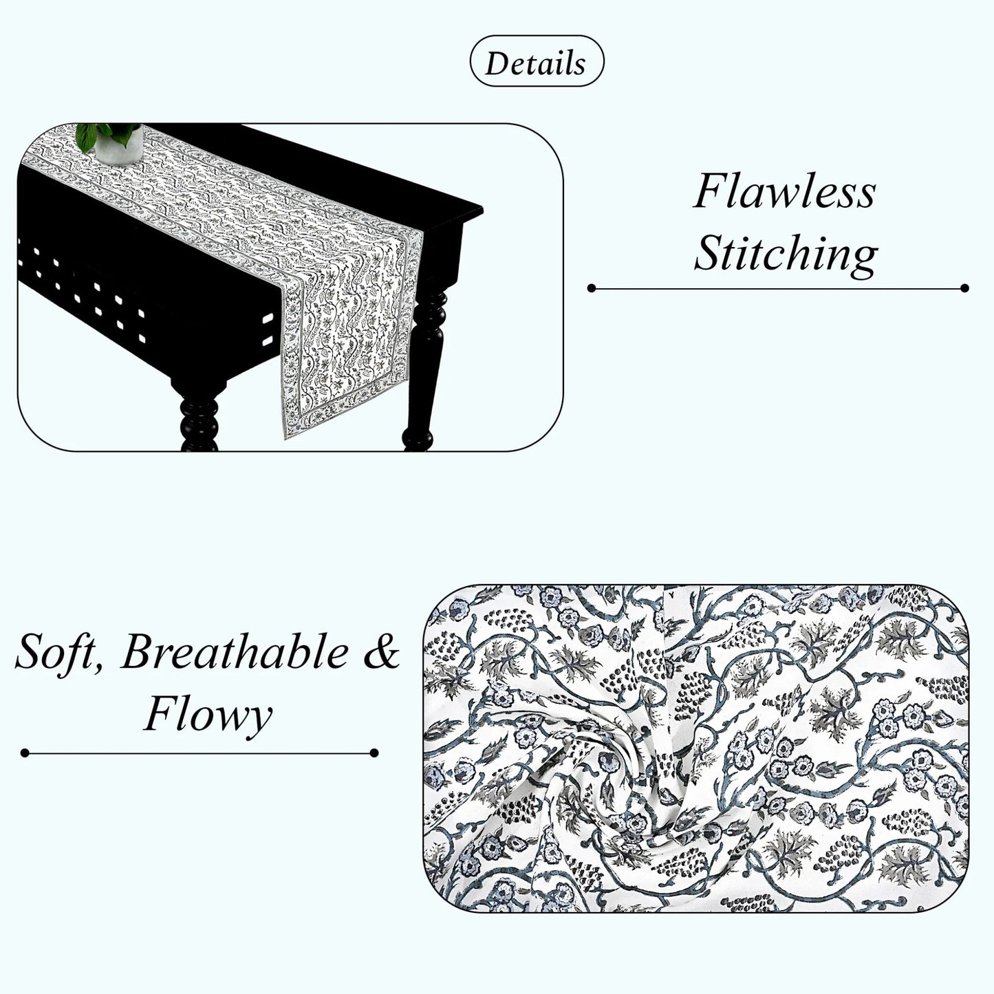 Tablecloth with intricate patterns and text highlighting features on a white background
