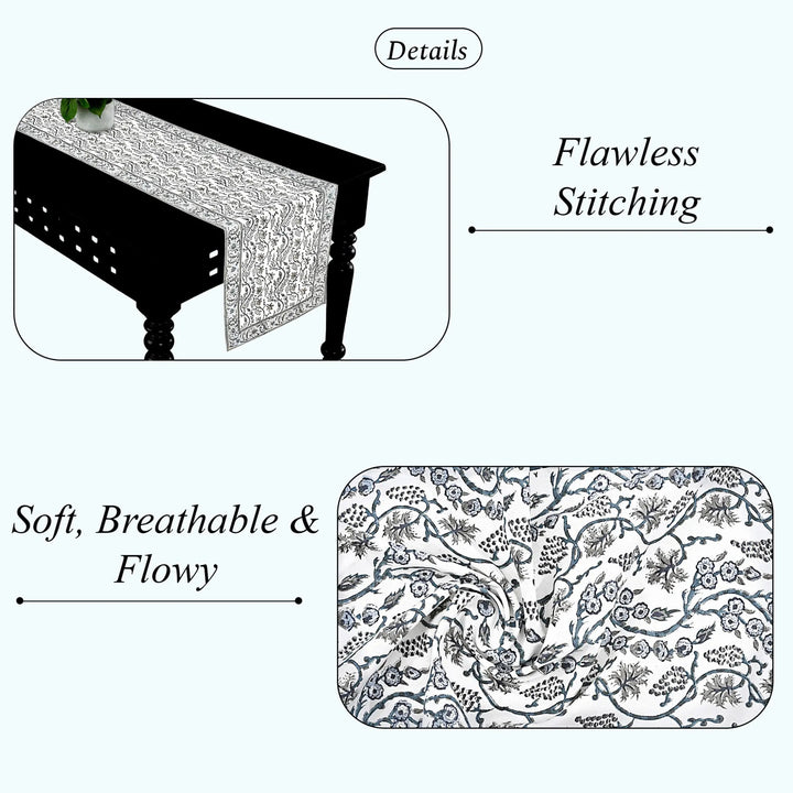 Tablecloth with intricate patterns and text highlighting features on a white background