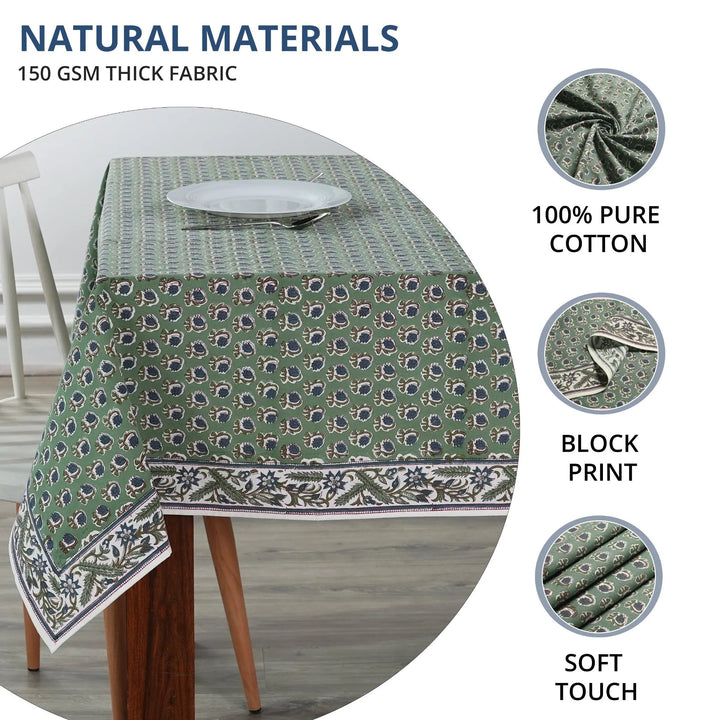 Green patterned tablecloth on a table with text highlighting material properties.