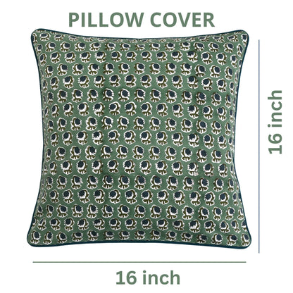 Green pillow cover with a pattern, size indicated as 16 inch on a white background