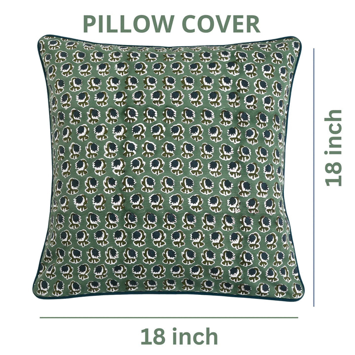 Green pillow cover with a pattern, 18 inch x 18 inch size on a white background