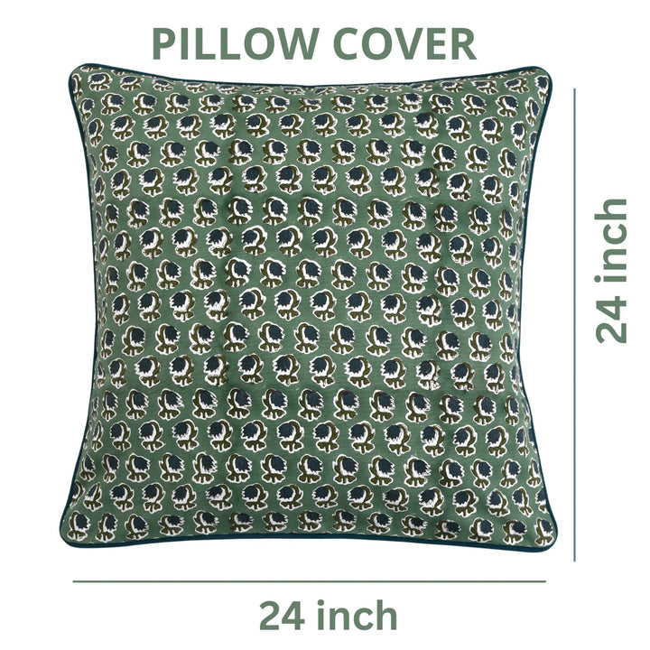 Green pillow cover with pattern and dimensions on a white background