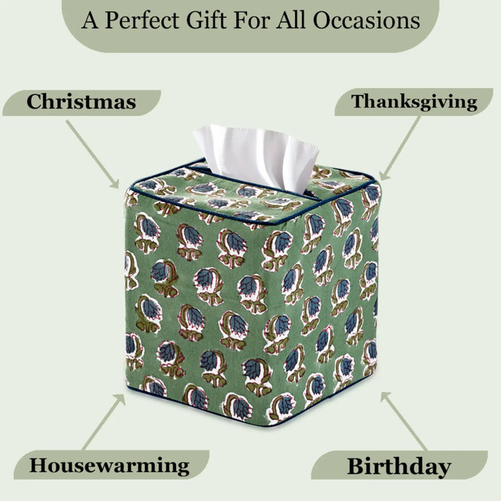 Tissue box cover with floral pattern on a light green background, labeled for various occasions.