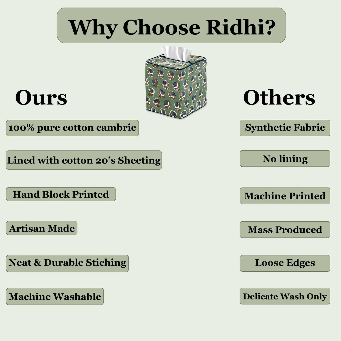 Comparison chart of 'Ours' and 'Others' tissue box covers with text highlighting features.