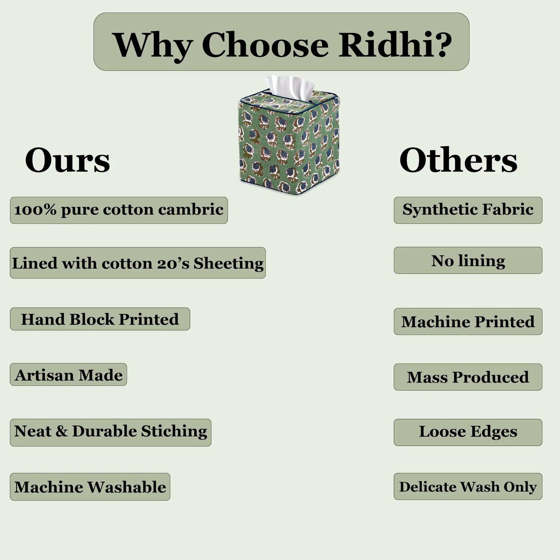 Comparison chart of 'Ours' and 'Others' tissue box covers with text highlighting features.