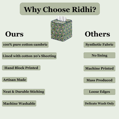 Comparison chart of 'Ours' and 'Others' tissue box covers with text highlighting features.