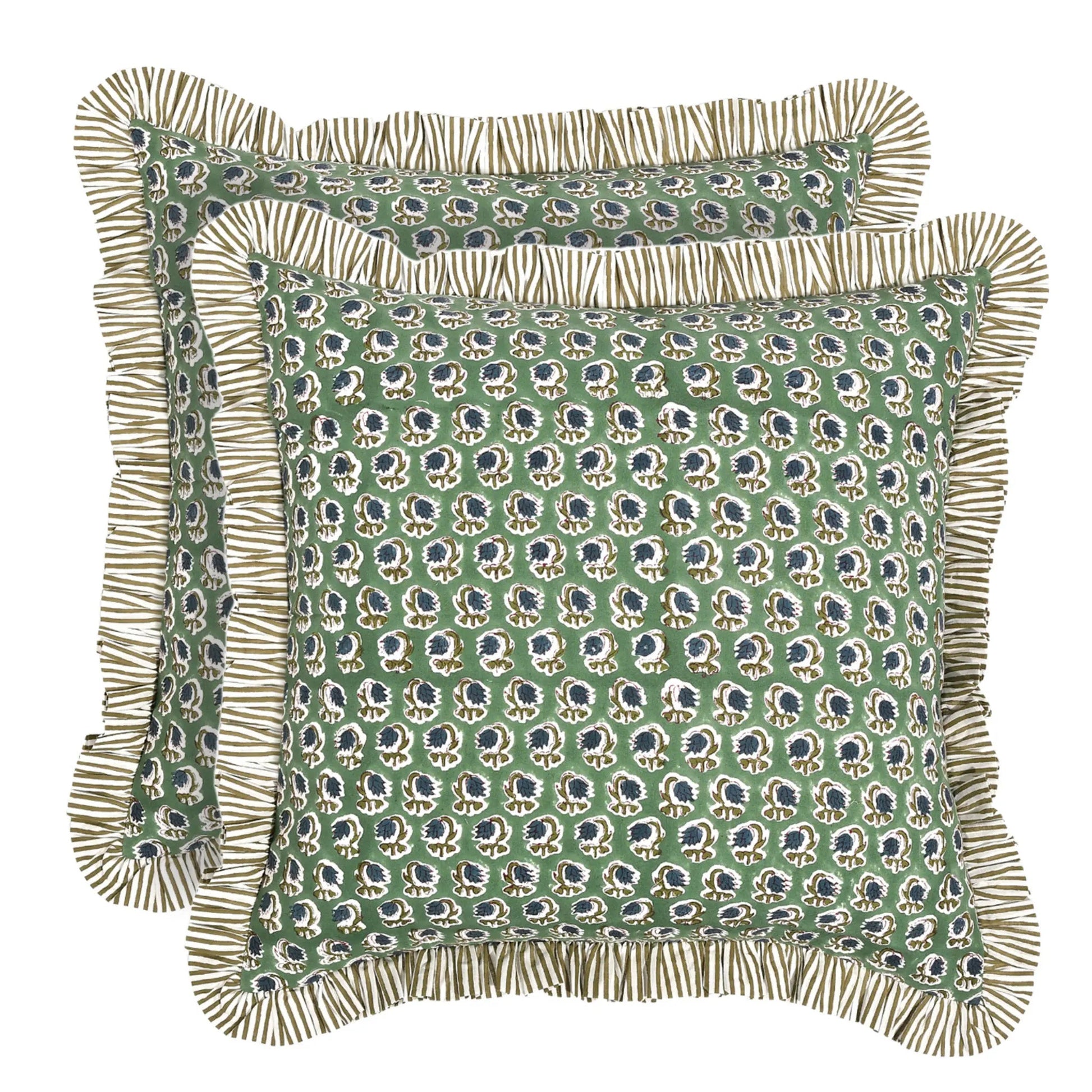 Green patterned pillow with ruffled edge on a white background