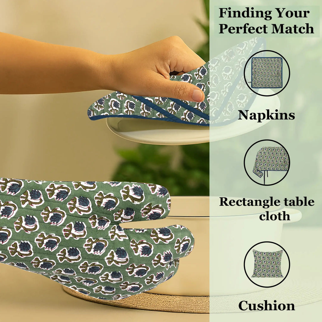 Patterned tablecloth, napkins, and cushion on a neutral background with text &