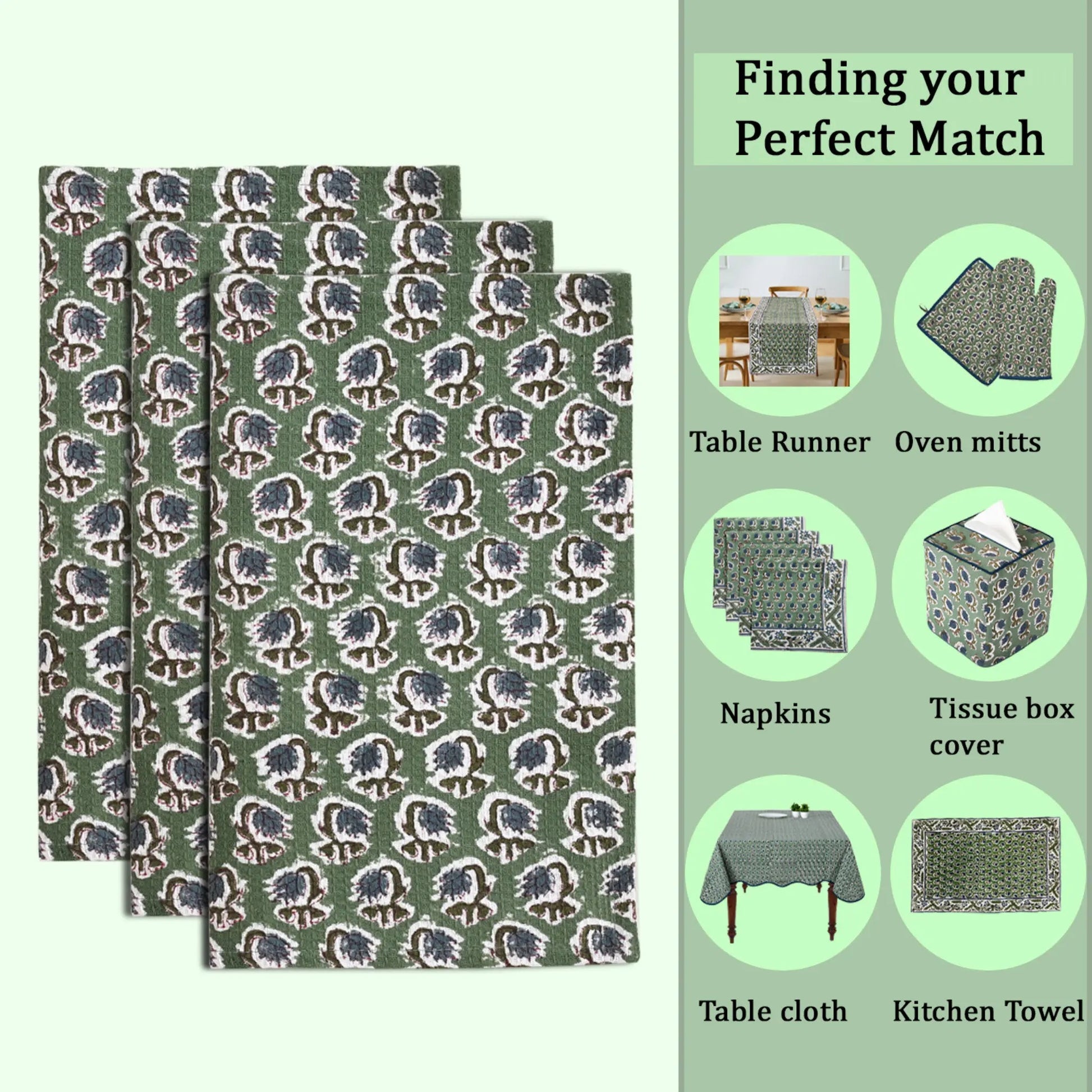 Set of green patterned dish cloths with product suggestions on a green background