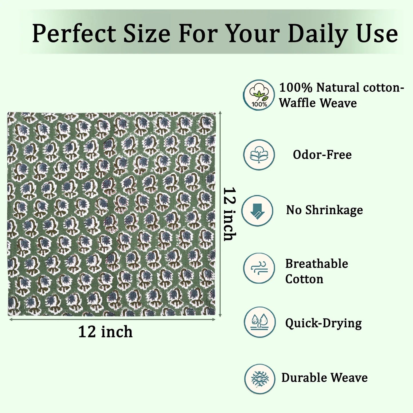 dish cloths swatch with pattern and text about fabric properties and dimensions