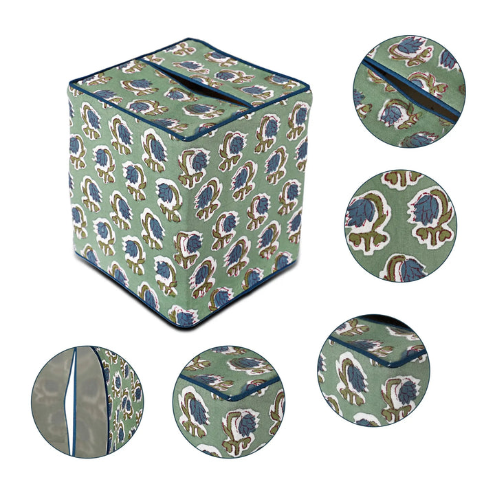 Patterned storage box with close-up details on a white background