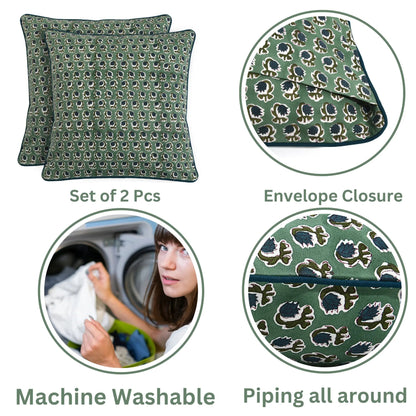 Set of two green patterned pillows with envelope closure, machine washable feature, and piping detail.