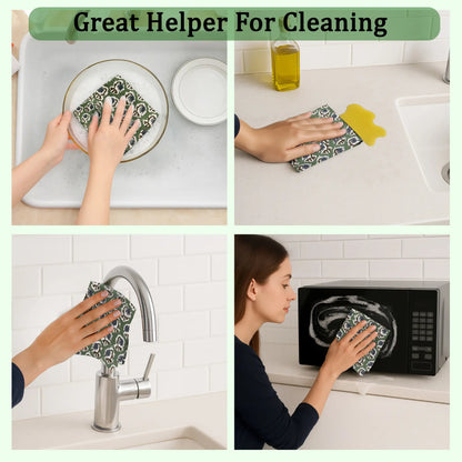 Cleaning dish cloths being used to clean a plate, countertop, faucet, and microwave.