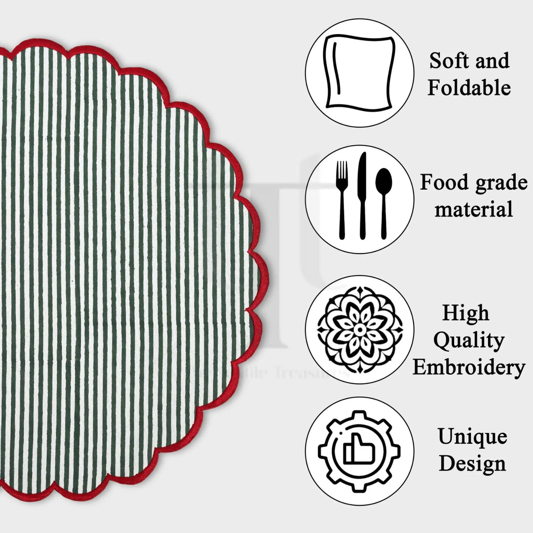Round placemat with green and white stripes and red border, featuring icons and text about material and design.