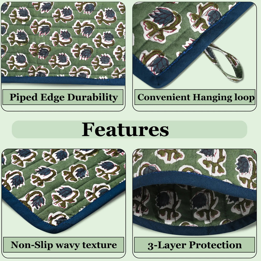 Product features with text labels on a green background